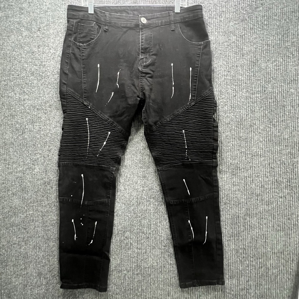 Romwe Paint Splatter Black Stretch Moto Pants Punk Size 36
